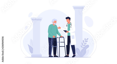 Doctor helping elderly patient with walker, illustrating healthcare, medical support, and recovery