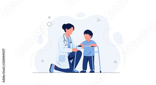 Doctor Helping Child Use Walker for Physical Therapy and Rehabilitation - Vector Illustration