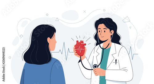 Doctor holding a healthy heart, consulting with a patient, cardiology concept, medical illustration