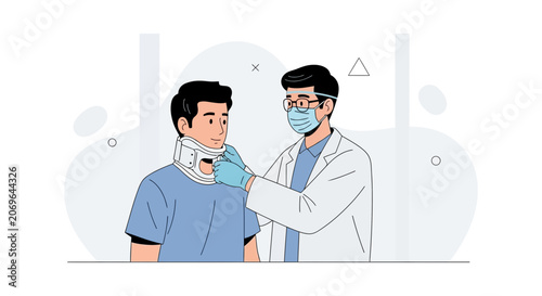 Doctor Helping Patient with Neck Brace, Medical Care and Injury Recovery Concept