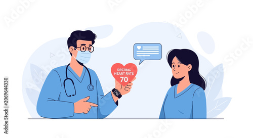 Doctor holding heart with resting heart rate of 70 discussing health with patient, vector illustration