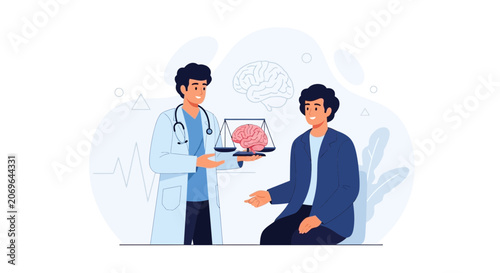 Doctor holding scales with brain for patient, symbolizing mental health and neurological care