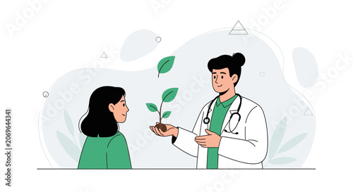 Doctor holds plant seedling, symbolizing holistic health, natural medicine, and patient care, in a modern flat illustration style.