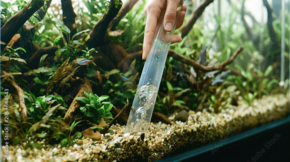 Obraz premium Woman cleaning gravel in tropical aquarium with siphon tube. Maintenance of exotic pet habitat. Underwater ecosystem care and water hygiene for healthy fish in glass fish tank environment.