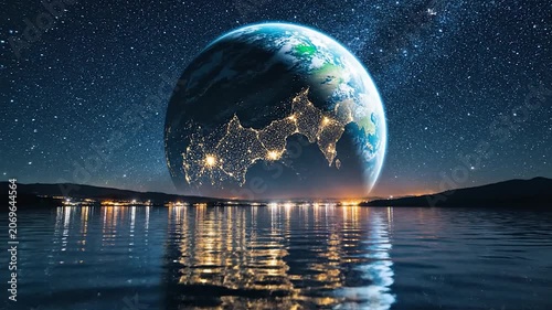 Planet earth rises over a calm lake under a starry night sky