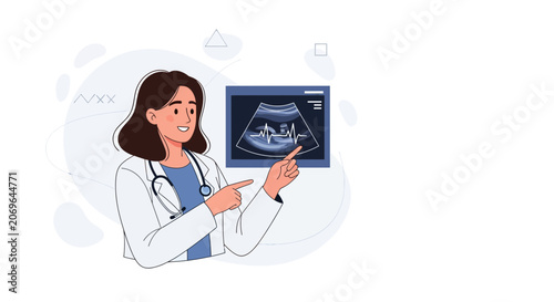 Doctor showing ultrasound scan of a fetus, medical illustration with modern flat design and pastel colors