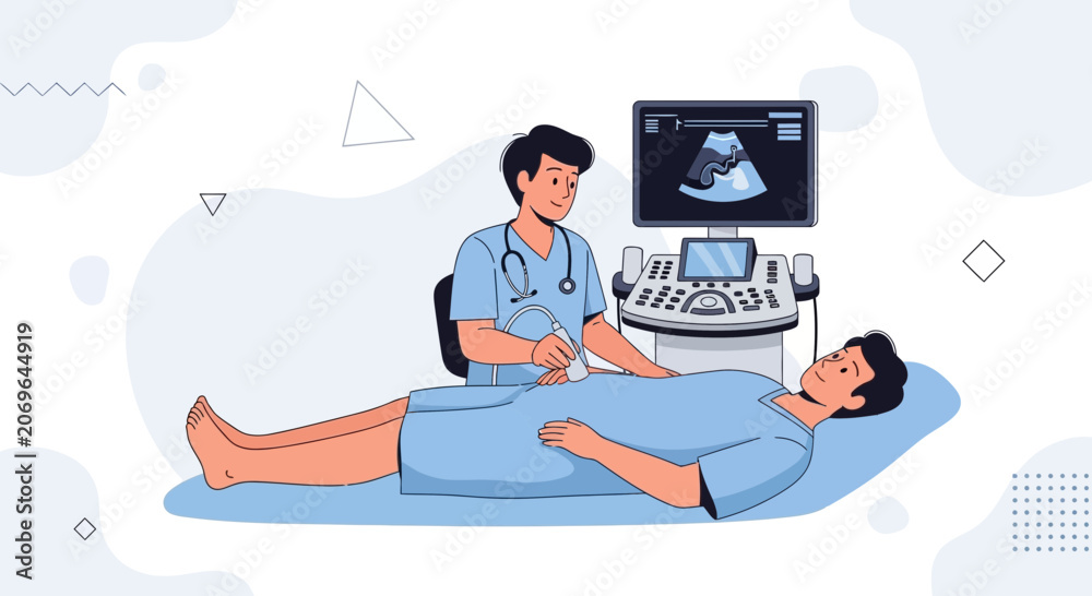 Obraz premium Doctor performing ultrasound on male patient for medical diagnosis, illustration of modern healthcare