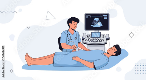 Doctor performing ultrasound on male patient for medical diagnosis, illustration of modern healthcare