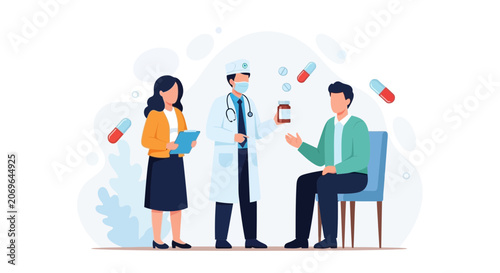 Doctor prescribing medication to a patient, with a nurse taking notes, symbolizing healthcare and medical consultation.