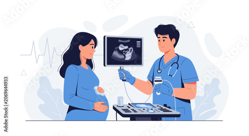 Doctor performs ultrasound on pregnant woman, showing baby image on screen - Medical illustration in modern flat style