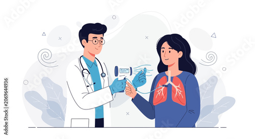Doctor performs lung function test on patient with spirometer, illustrating respiratory health and medical care.