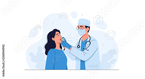 Doctor performing throat swab test on patient, vector illustration representing healthcare, medical examination, and diagnostics