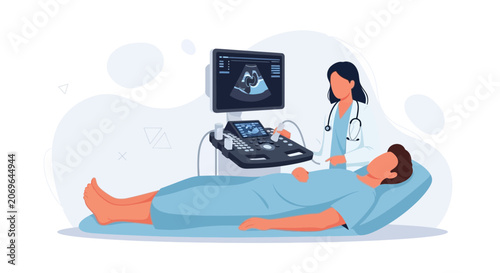 Doctor Performing Ultrasound Scan on Patient Lying Down - Medical Diagnostic Procedure Illustration