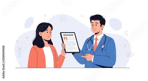Doctor presenting insurance document to patient, healthcare and medical service concept illustration
