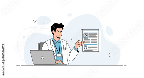 Doctor Presenting Resume or CV Information with Laptop