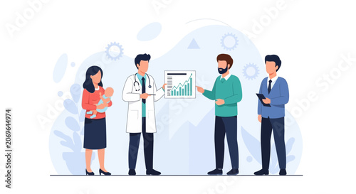 Doctor Presents Healthcare Growth Analysis to Business Professionals and Parents with Baby