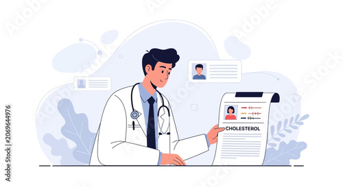 Doctor reviewing cholesterol test results, medical illustration, healthcare concept