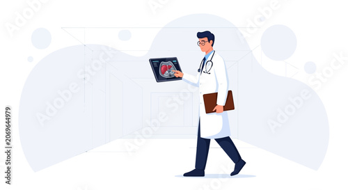 Doctor reviewing medical scan, illustration of medical professional holding X-ray and patient file, healthcare concept
