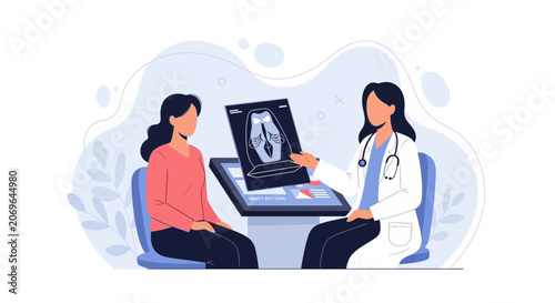 Doctor showing dental x-ray to patient, vector illustration