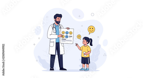 Doctor showing emotion chart to child, pediatric care, mental health support, and understanding feelings concept