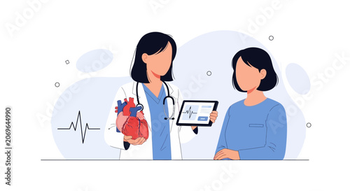 Doctor showing heart model and EKG on tablet to patient, symbolizing cardiology consultation and health check-up