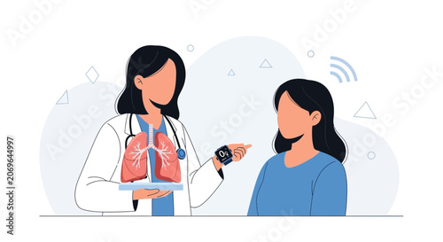 Doctor showing lung anatomy to patient with smart watch, demonstrating modern healthcare and diagnostics