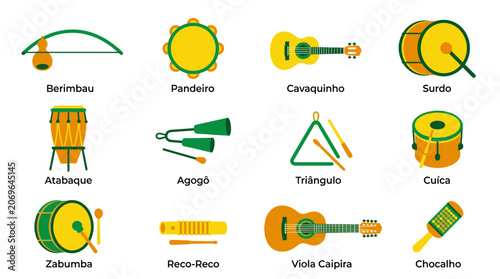 Collection of Brazilian Musical Instruments in Flat Design Style