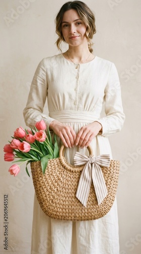 Woman holding wicker bag with beautiful tulips and handkerchief on light background, closeup