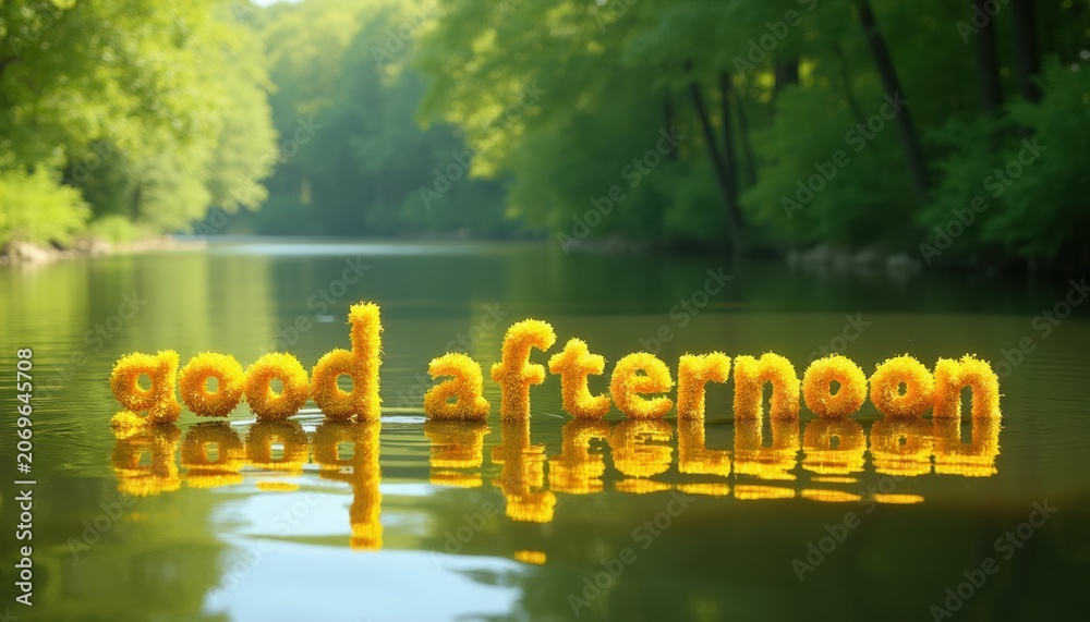 Fototapeta premium Yellow text message good afternoon floats on calm river water surface. Rich green trees line tranquil riverbanks under bright sunlight. Peaceful nature scene.