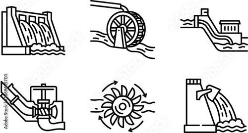 Fotografía Set of hydro power icons representing different types of water energy generation