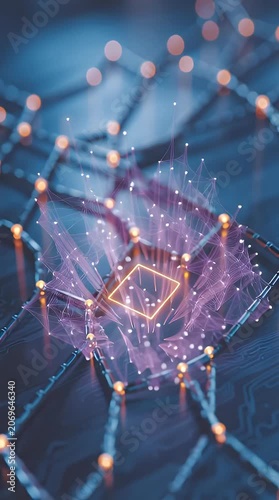 Futuristic digital network node with glowing connections and a central square symbol representing data transfer technology and innovation in a dark abstract setting