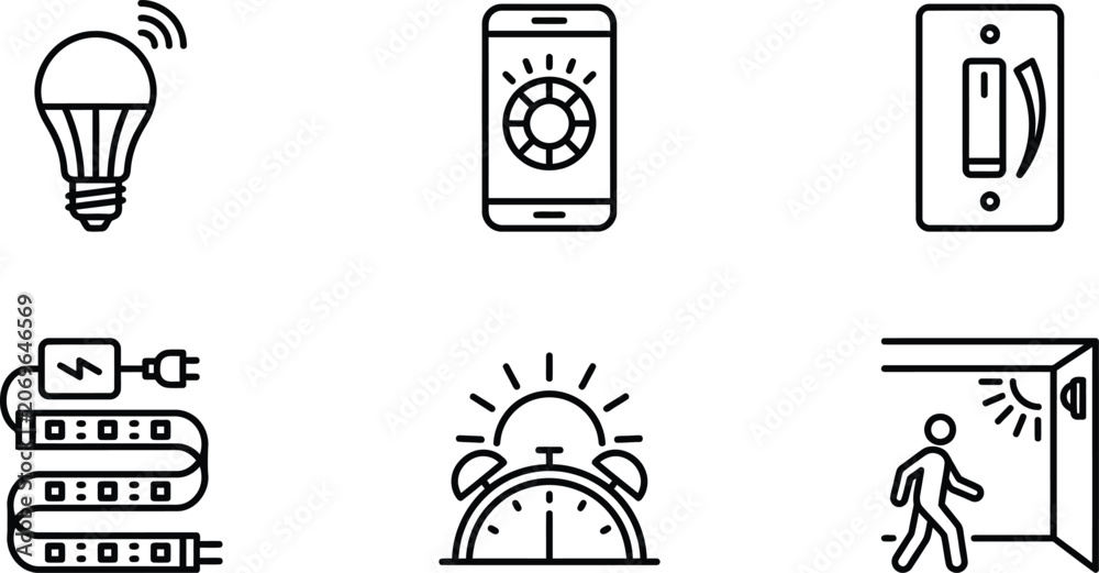 Fototapeta premium Smart home icons set including light bulb mobile control switch LED strip alarm clock and motion sensor for technology and automation concepts flat vector illustration isolated on white