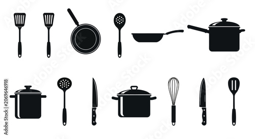 Black silhouette icons of kitchen utensils, cookware, pots, pans, spatulas, knives, and cooking tools for culinary design