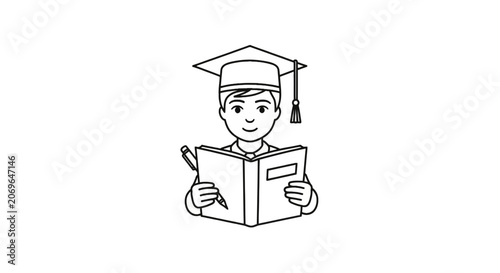 Smiling student in graduation cap reading.