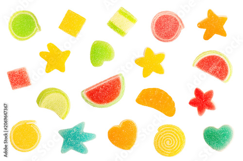 collection of assorted fruit jelly candies in various shapes like stars, hearts, and fruit slices. Sweet sugar-coated gummy treats isolated on white background.