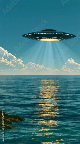 Futuristic UFO Hovering Over Ocean With Glowing Light Beam at Sunset