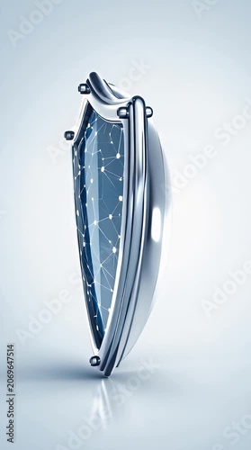 Futuristic shield icon representing cybersecurity data protection and digital safety with a network connection graphic inside ideal for tech and business concepts