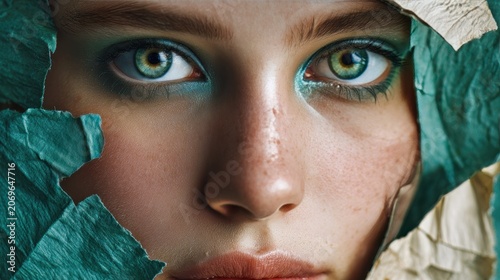 Young woman with beautiful bright green eyes with shining blue shadows, beige lipstick and expressive eyebrows, pitted look of colored paper, fashion, beauty, make-up, cosmetics, salon style