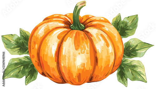Canvas Print Vibrant watercolor illustration of a plump orange pumpkin with a green stem and lush green leaves, perfect for autumn and harvest themes