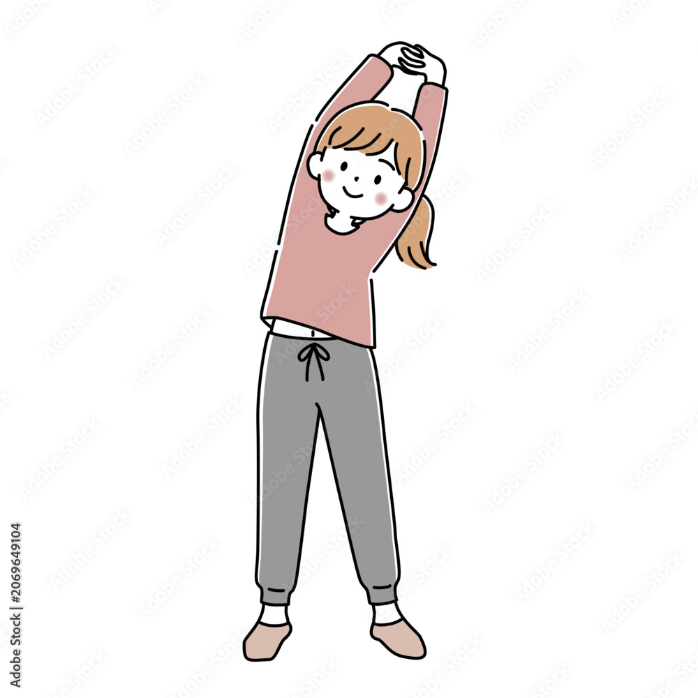 Fototapeta premium 腕を伸ばしてストレッチをする女性のベクターイラスト