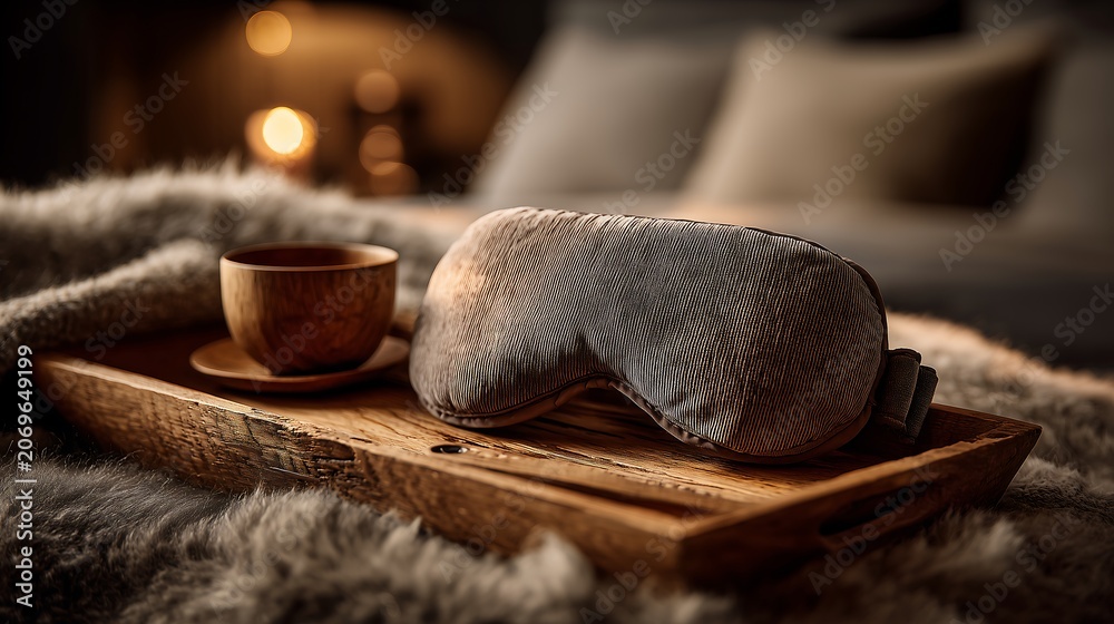 Fototapeta premium Plush sleep mask on a rustic wooden tray in a cozy bedroom setting with warm ambient lighting, creating a relaxing night routine and wellness atmosphere.