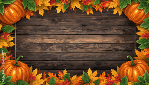 Fotografía A rustic wooden frame adorned with vibrant autumn leaves and plump pumpkins, evoking a warm harvest season atmosphere