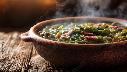food Brazilian food A steaming bowl of traditional southern stew, rich with green beans and savory bacon, served in a rustic earthenware pot on weathered wooden planks. Brazilian food