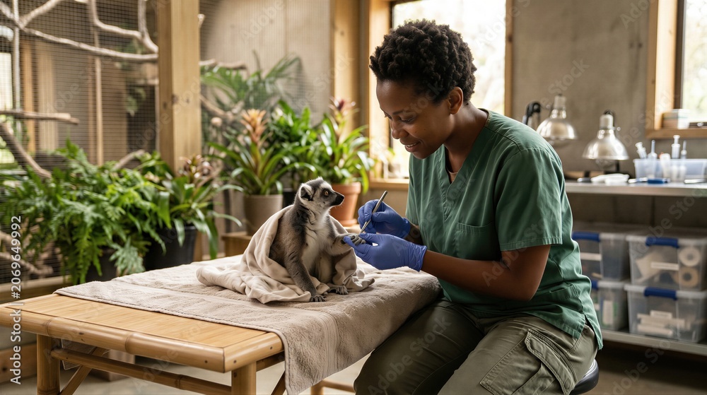 Fototapeta premium African american female veterinarian examining a sick ring tailed lemur wrapped in a towel on a wooden table. Wildlife medical professional providing healthcare to exotic wild animal.