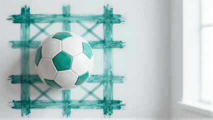 A soccer ball rests on a green painted grid against a white wall near a window.