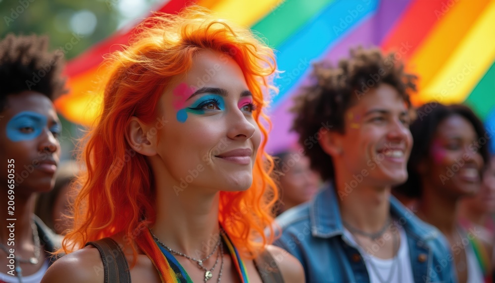 Obraz premium Diverse group of people celebrate pride at festival with rainbow flags. Young men and women smile, wear bright makeup. Community enjoys outdoor event supporting lgbtq rights.