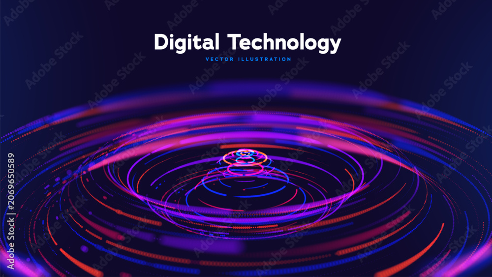 Fototapeta Big Data Technology Background Featuring Abstract Digital Technology Waves, Neon Particle Vortex Digital Transformation Flow. Modern Analytics And Information Processing Concept. Vector Illustration.