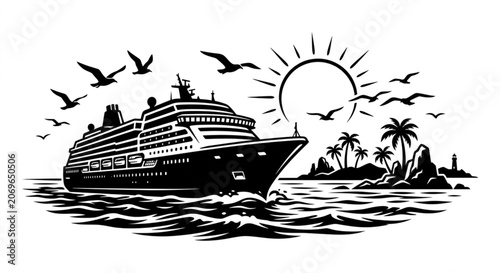 Cruise ship, ocean travel, tropical island, black and white vector, vacation getaway, summer fun