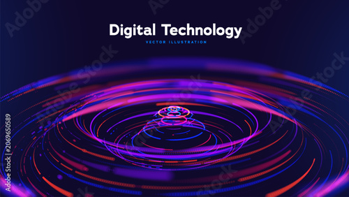 Big Data Technology Background Featuring Abstract Digital Technology Waves, Neon Particle Vortex Digital Transformation Flow. Modern Analytics And Information Processing Concept. Vector Illustration.