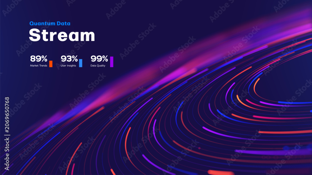 Naklejka premium Quantum Data Stream, Big Data Visualization, AI Technology Background With Dynamic Neon Light Trails, Digital Information Flow And Futuristic Analytics Network. Data Streams. Vector Illustration.